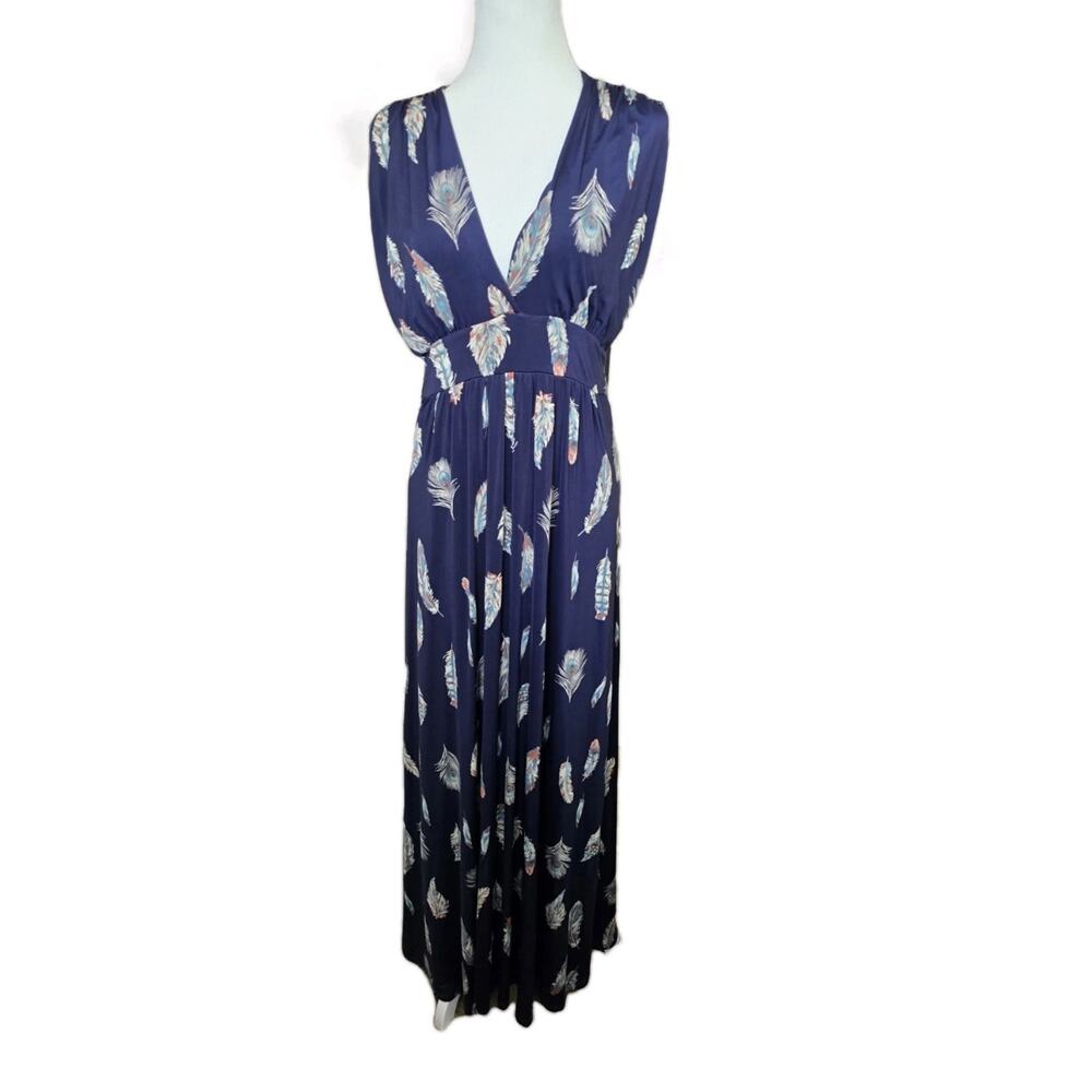 Veronica M Navy Feather Print Maxi Dress